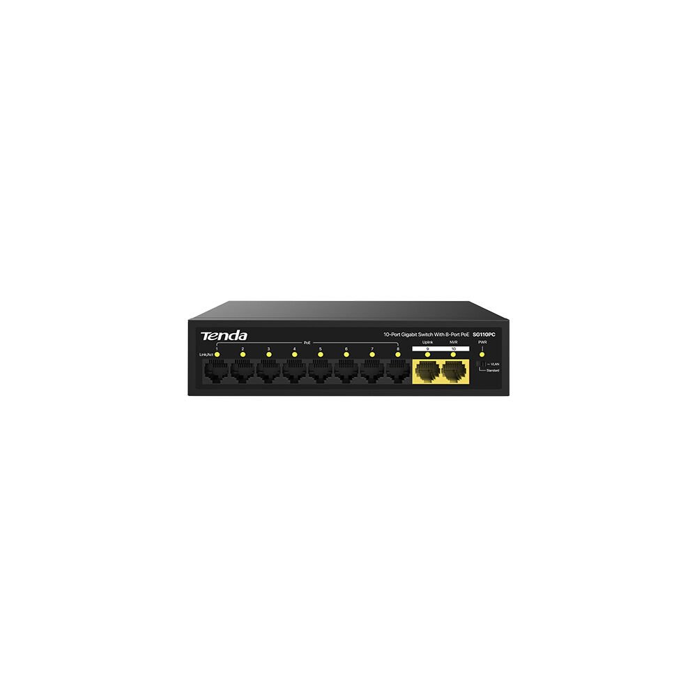 Tenda S110GPC 10-Port Desktop Switch with 8-Port 10/100Mbps PoE (75W) and 2-Port Gigabit Uplink