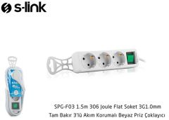 S-link SPG-F03 3'lü Akım Korumalı Priz Çoklayıcı 1.5 Metre 306 Joule Flat Soket 3G1.0mm² Tam Bakır
