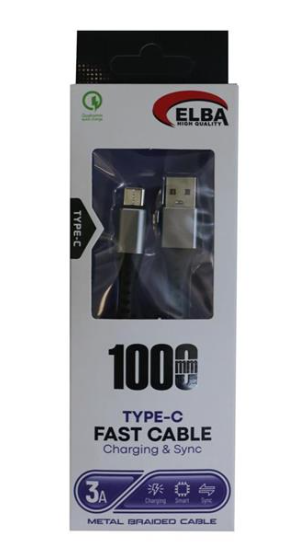 Elba ELB-2701 27W USB-A to USB Type-C 1 Metre Siyah Örgülü 480Mbps Veri Transfer Destekli Hızlı Şarj Kablosu