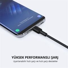 AUKEY CB‑CD30‑BK USB‑A Erkek – USB‑C Erkek 0.9 Metre Siyah Naylon Örgülü Şarj ve Data Kablosu (480 Mbps, USB 2.0)