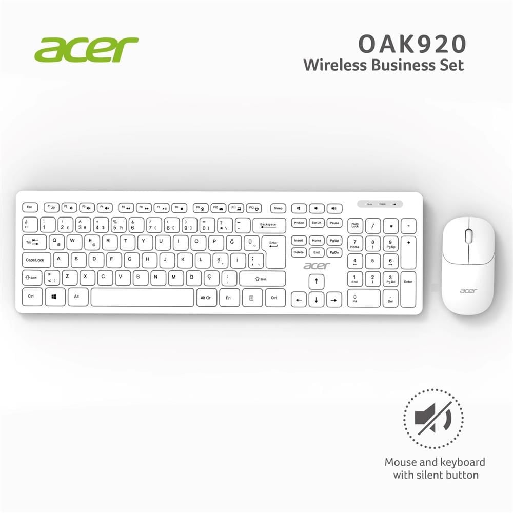 Acer OAK-920 Beyaz Kablosuz Sessiz Tuşlu 2.4GHz Klavye + Mouse Set