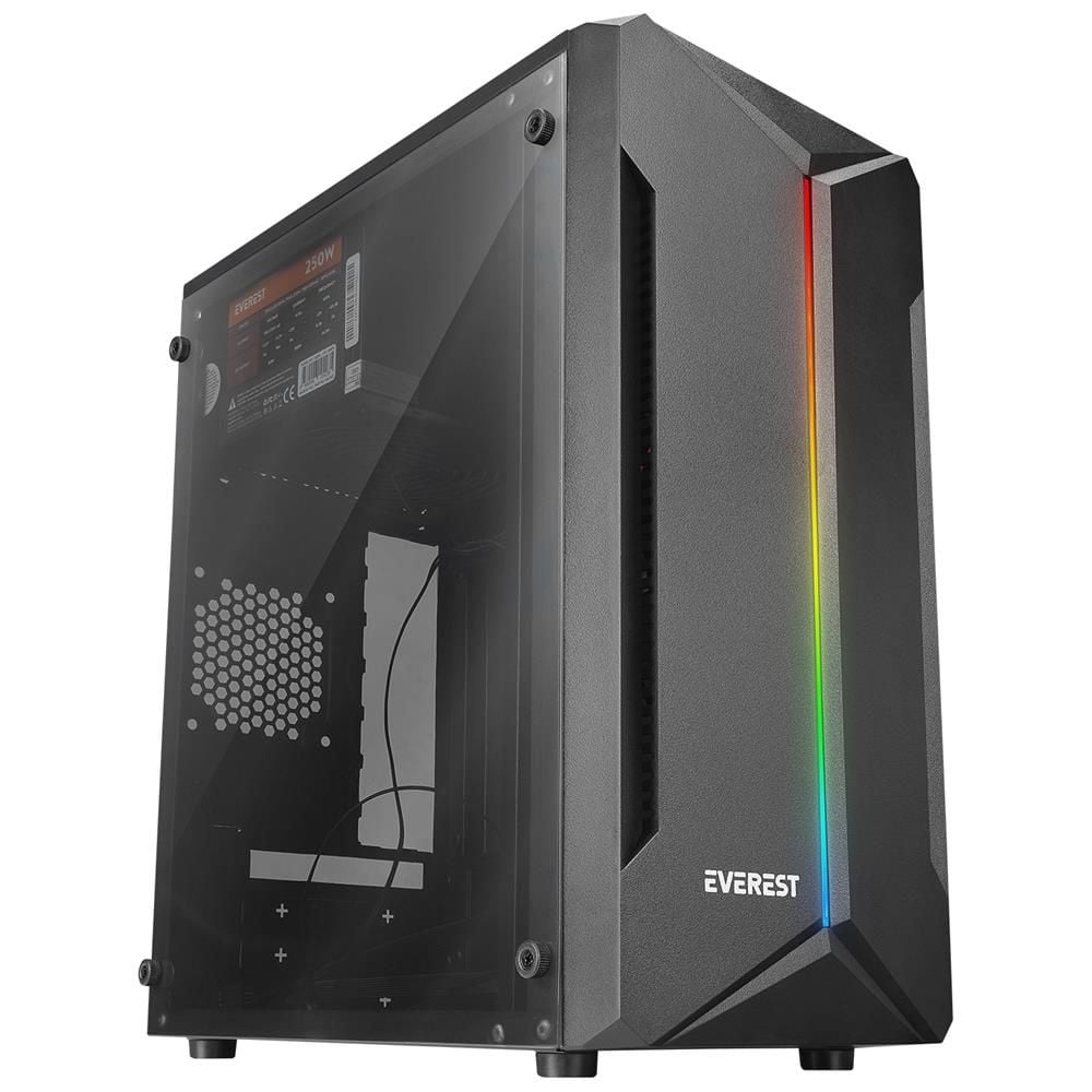 Everest SABER RGB Led Şeritli Peak 250W Güç Kaynağı Akrilik Yan Panel Micro‑ATX / Mini‑ITX Mini‑Tower Gaming Oyuncu Kasası