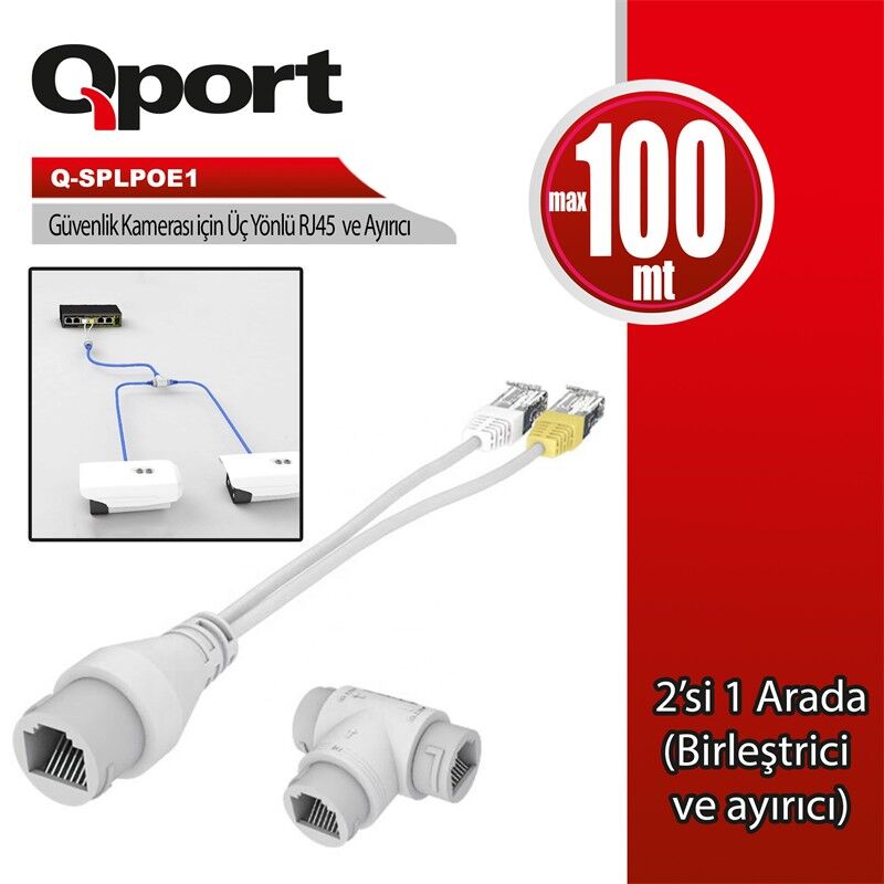Qport Q-SPLPOE1 2-in-1 PoE Splitter Ağ Konnektörü ve 3 Yollu RJ45 Konnektör Seti