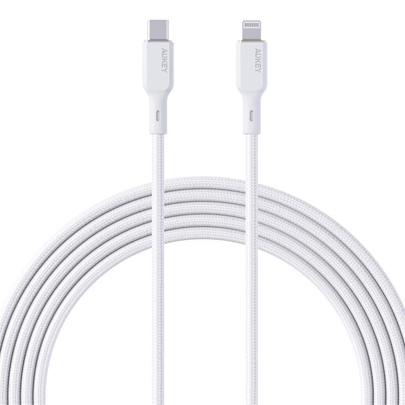 AUKEY CB‑NCL1 / CB‑NCL2 1,8 Metre Naylon Örgülü USB Type‑C – Lightning Hızlı Şarj & Data Kablosu (3 A, 480 Mbps, Beyaz/Siyah)