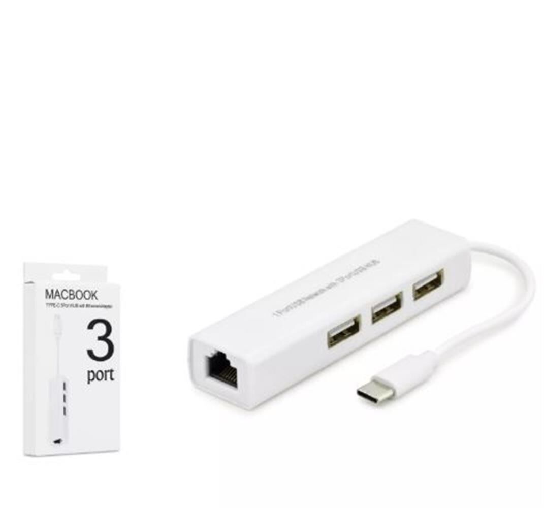 Hadron HDX7007 Type-C to 3 Port USB 3.0 Hub ve RJ45 Ethernet LAN Adaptörü Combo - Beyaz