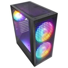 Rampage GYRA V1 BLACK Mesh ATX Mid‑Tower 1×12 cm + 2×16 cm Rainbow Işıklı Fan Temperli Camlı Type‑C Siyah Oyuncu Kasası
