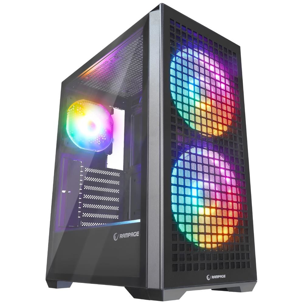 Rampage GYRA V1 BLACK Mesh ATX Mid‑Tower 1×12 cm + 2×16 cm Rainbow Işıklı Fan Temperli Camlı Type‑C Siyah Oyuncu Kasası