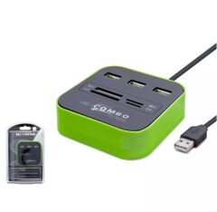 Hadron HDX7006 USB 2.0 Hub ve Çok Fonksiyonlu Kart Okuyucu Combo (3 Port USB + SD/TF/MS/M2) Yeşil