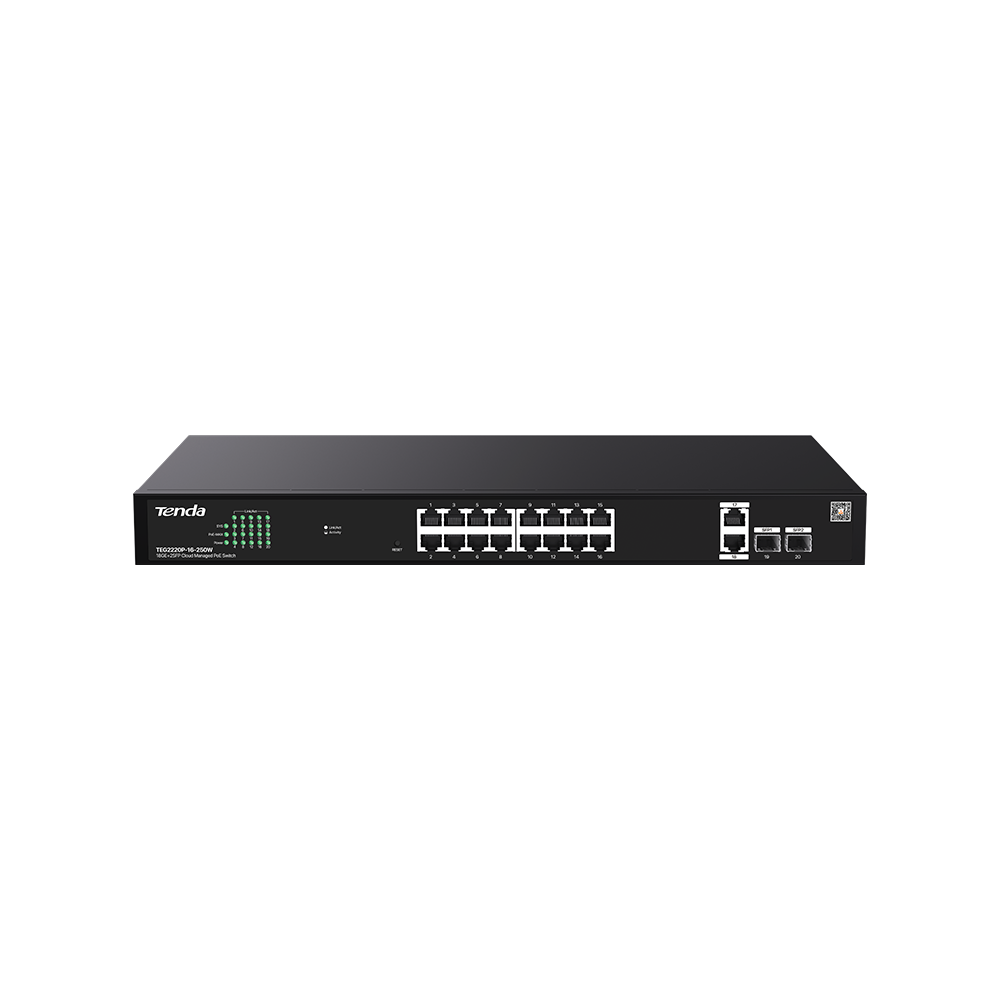 TENDA TEG2220P-16-250W 16GE PoE Port (250W), 2x Uplink, 2xSFP Cloud Yönetilebili