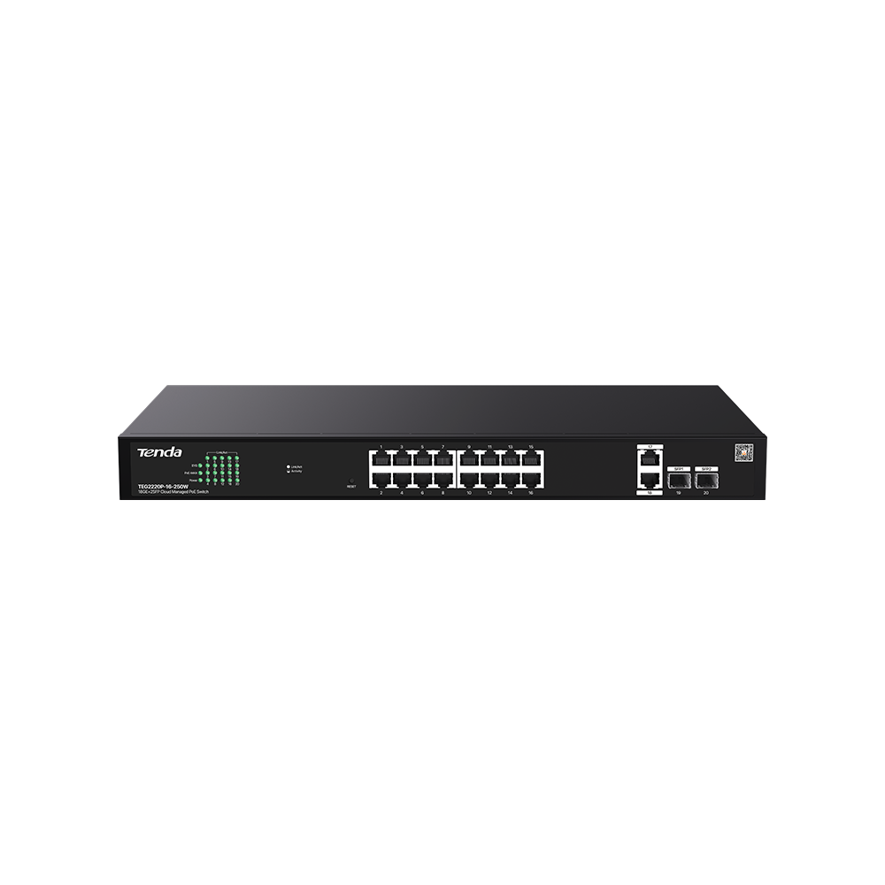 Tenda TEG2220P-16-250W 16-Port Gigabit PoE (250W) 2-Port SFP Cloud Yönetilebilir Switch