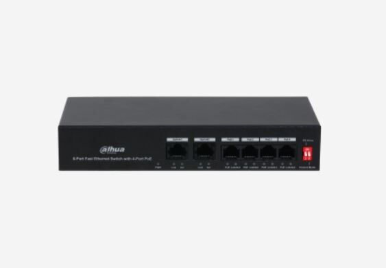 DAHUA PFS3006‑4ET‑36 6‑Port Fast Ethernet 4×PoE (IEEE 802.3af/at) 36 W PoE Bütçe 10/100 Mbps 2×Uplink Unmanaged Masaüstü Switch