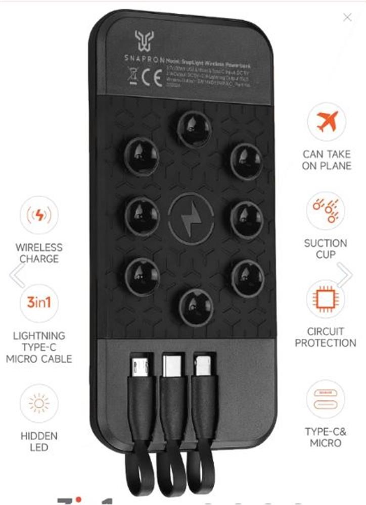 Snapron SNP-3003 10.000 mAh Vantuzlu Kablosuz (Wireless) ve Entegre 3in1 Kablolu Powerbank