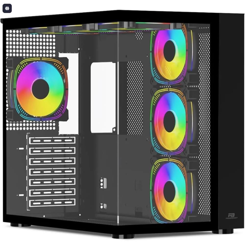 PowerBoost PB‑SS02B Sea View USB 3.0 ATX 7 Adet ARGB 120 mm Fanlı Temperli Cam, Siyah Midi Tower Kasa (PSU Yok)