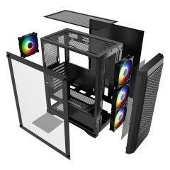 PowerBoost PB‑PS5847B 600W ATX USB 3.0 Rainbow Aydınlatmalı Mesh Ön Panel Temperli Cam Siyah Gaming Mid‑Tower Kasa (4×120 mm Rainbow Fan, 600 W PSU Dahil, ATX/mATX/ITX Uyumlu)