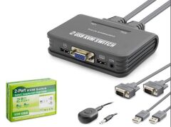 Hadron HDX1362 2-Port VGA USB KVM Switch (2 Giriş 1 Çıkış, Kablolu Kontrol Ünitesi, Siyah)