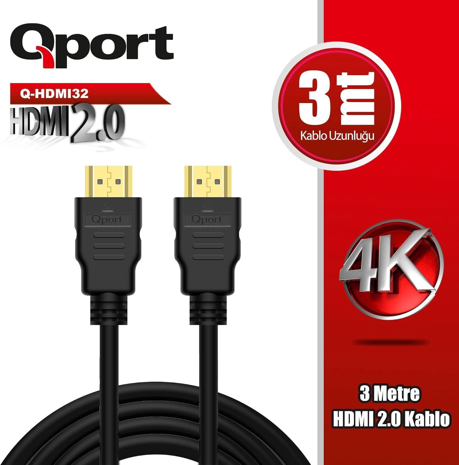 Qport Q-HDMI32 HDMI 2.0 Altın Uçlu 3 Metre 4K 60Hz High Speed HDMI Görüntü ve Ses Kablosu