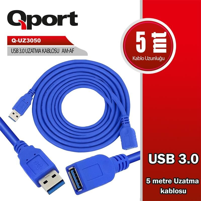 Q‑PORT Q‑UZ3050 USB 3.0 Type A Erkek – Type A Dişi 5 Metre Mavi Uzatma Kablosu (5 Gbps)