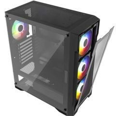PowerBoost PB‑PS6849B 650 W 80+ Bronze Sertifikalı Güç Kaynağı Dahil USB 3.0 Mesh Ön Panel 4 x 120 mm Rainbow Sabit Fanlı Tempered Glass Yan Panelli Mid‑Tower ATX Gaming Kasa Siyah