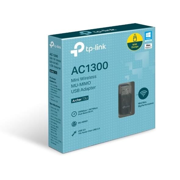 TP‑LINK Archer T3U AC1300 Dual‑Band USB 3.0 Kablosuz Adaptör – 867 Mbps (5 GHz) + 400 Mbps (2.4 GHz), MU‑MIMO, Mini Tasarım, Windows/macOS Uyumluluk