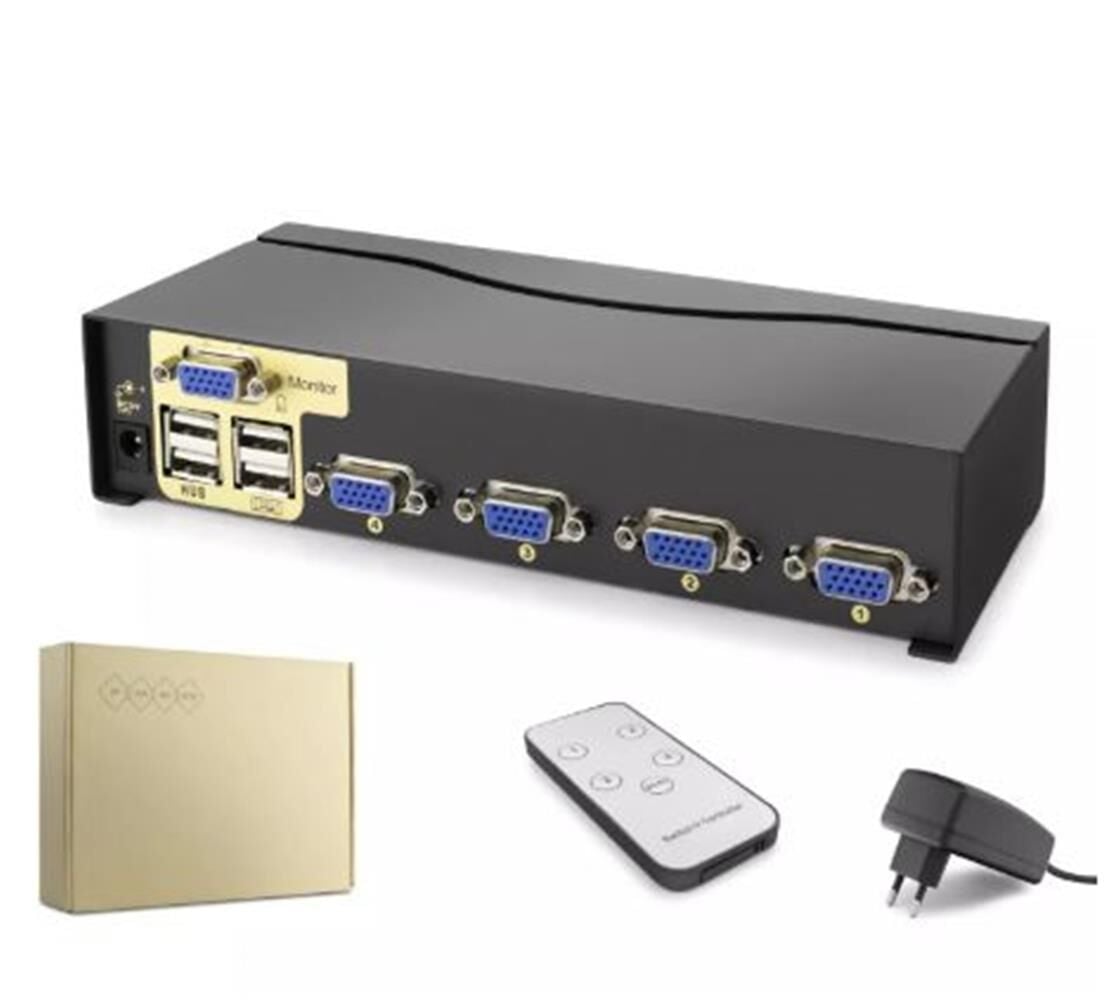 Hadron HDX1381 4 Port VGA KVM Switch (USB Klavye Mouse + Uzaktan Kumanda + 5V Adaptör)