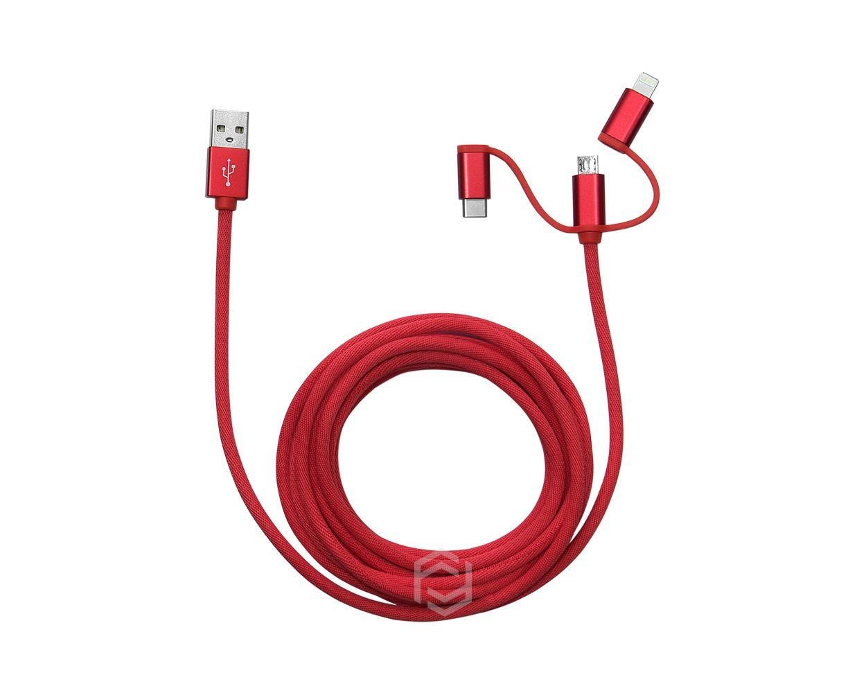 Frisby FA-7558UC 3'ü 1 Arada Örgülü 3 Metre USB Şarj ve Veri Kablosu (Lightning/Micro USB/Type-C) Kırmızı