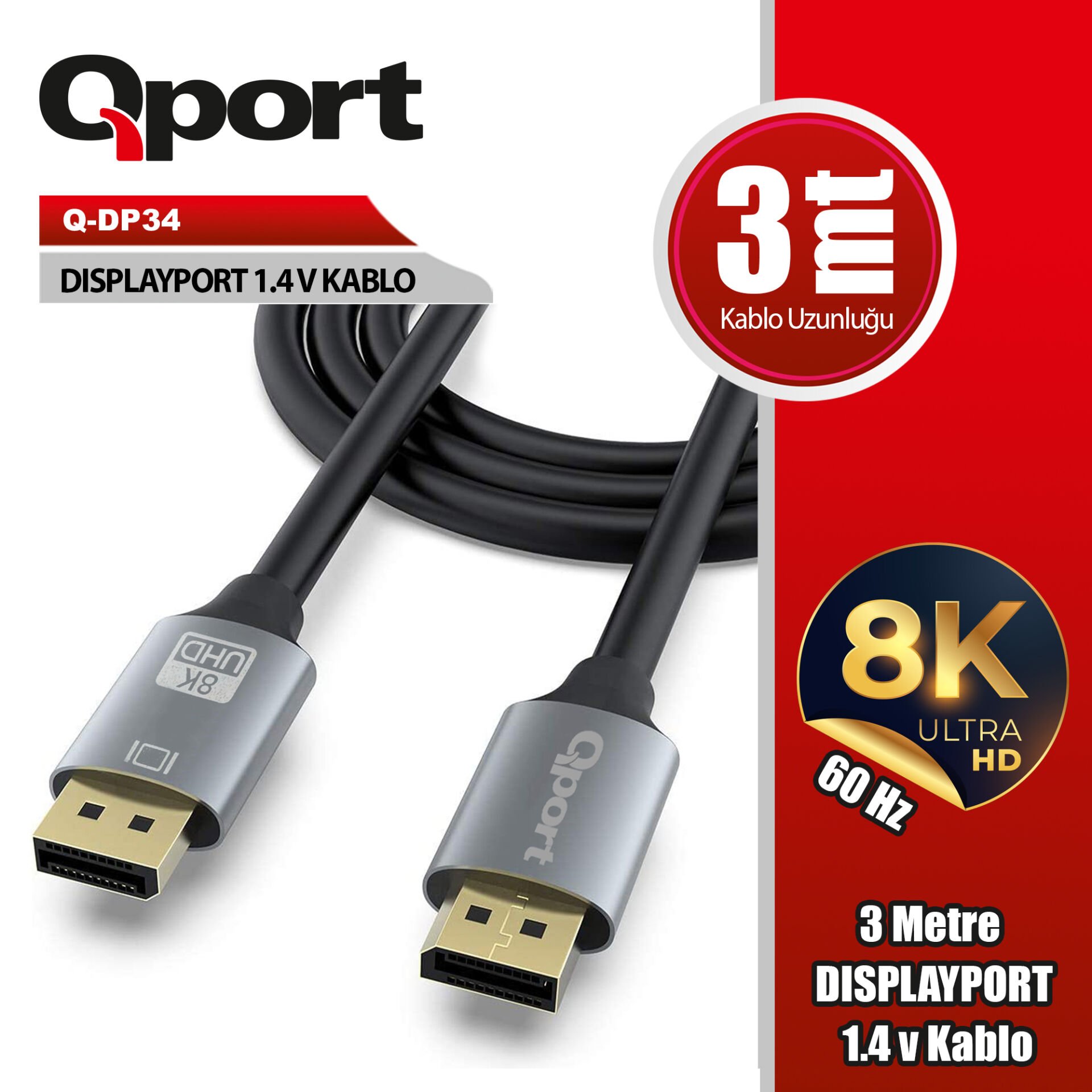 Qport Q-DP34 3 Metre DisplayPort to DisplayPort 4K 60Hz V1.2 Altın Uçlu Görüntü Kablosu