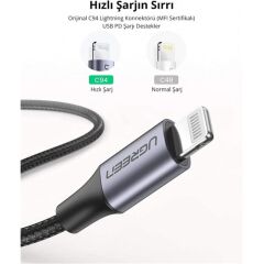 UGREEN 60761 Type-C to Lightning 3A Power Delivery MFi Sertifikalı Örgülü Hızlı Şarj ve Data Kablosu 2 Metre Siyah