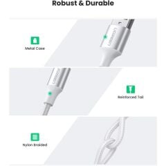 UGREEN 60133 Type-C to USB-A 3A Quick Charge Örgülü Hızlı Şarj ve Data Kablosu 2 Metre Gümüş Beyaz