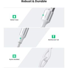 UGREEN 60133 Type-C to USB-A 3A Quick Charge Örgülü Hızlı Şarj ve Data Kablosu 2 Metre Gümüş Beyaz