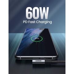 UGREEN USB‑C to USB‑C 3 A 60 W PD/QC 90° Örgülü Hızlı Şarj & Data Kablosu 2 m Siyah (Model US323‑70531)