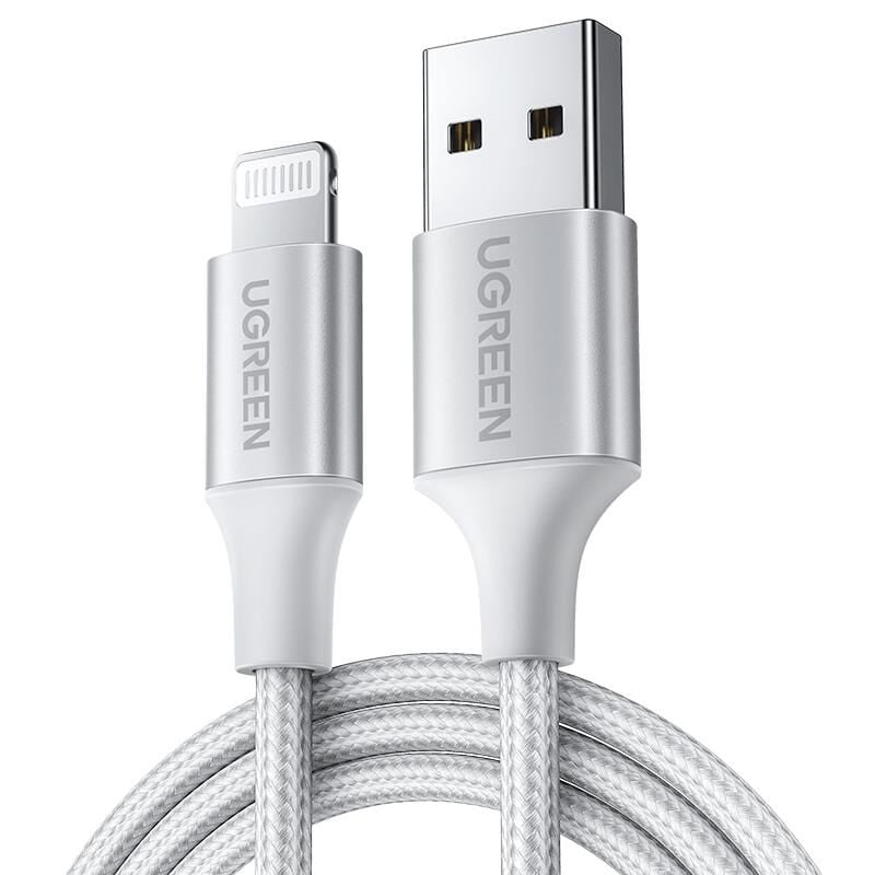 UGREEN Lightning to USB-A Örgülü 2 m MFi Sertifikalı Hızlı Şarj ve Data Kablosu Gümüş (Model 60163) – 5 V/2.4 A, 480 Mbps, Alüminyum Kılıflı