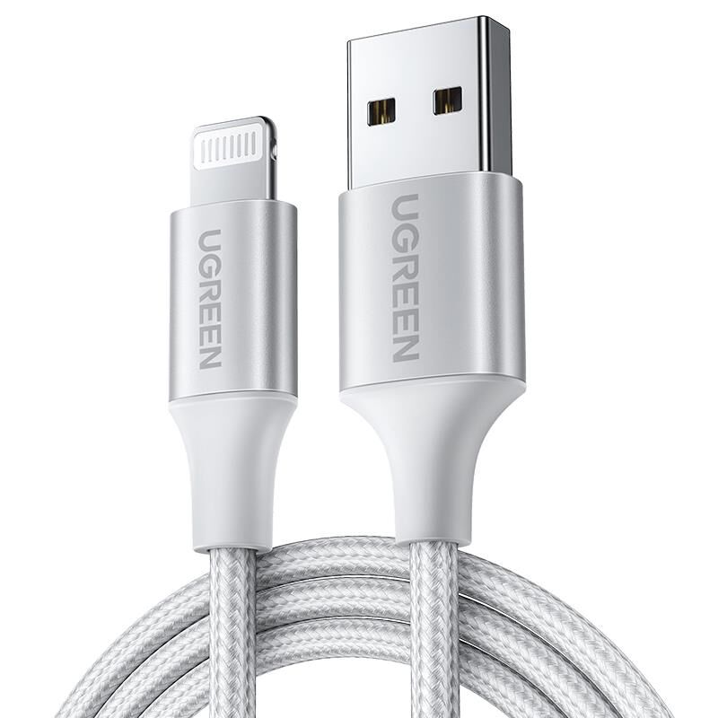 UGREEN Lightning to USB-A Örgülü 2 m MFi Sertifikalı Hızlı Şarj ve Data Kablosu Gümüş (Model 60163) – 5 V/2.4 A, 480 Mbps, Alüminyum Kılıflı