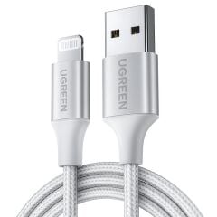 UGREEN Lightning to USB-A Örgülü 2 m MFi Sertifikalı Hızlı Şarj ve Data Kablosu Gümüş (Model 60163) – 5 V/2.4 A, 480 Mbps, Alüminyum Kılıflı