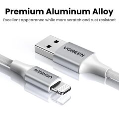 UGREEN Lightning to USB-A Örgülü 2 m MFi Sertifikalı Hızlı Şarj ve Data Kablosu Gümüş (Model 60163) – 5 V/2.4 A, 480 Mbps, Alüminyum Kılıflı