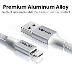 UGREEN Lightning to USB-A Örgülü 2 m MFi Sertifikalı Hızlı Şarj ve Data Kablosu Gümüş (Model 60163) – 5 V/2.4 A, 480 Mbps, Alüminyum Kılıflı