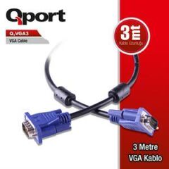 QPORT Q‑VGA3 3 Metre D‑Sub 15 Pin Filtreli VGA (Erkek‑Erkek) %75 Bakır Kablo – Stabil Analog Görüntü Aktarımı