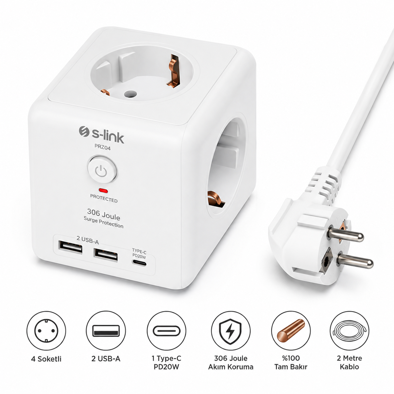 S-link PRZ04 4 Soketli 2 USB 1 Type-C PD20 2M 306 Joule Tam Bakır Küp Beyaz Akım Korumalı Priz