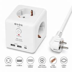 S-link PRZ04 4 Soketli 2 USB 1 Type-C PD20 2M 306 Joule Tam Bakır Küp Beyaz Akım Korumalı Priz