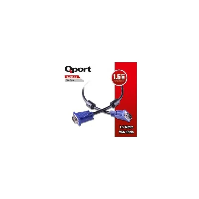 QPORT Q‑VGA1.5 1,5 Metre D‑Sub 15 Pin Filtreli VGA (Erkek‑Erkek) Kaliteli %75 Bakır Kablo