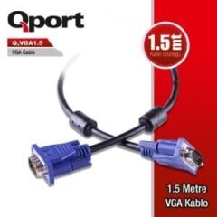 QPORT Q‑VGA1.5 1,5 Metre D‑Sub 15 Pin Filtreli VGA (Erkek‑Erkek) Kaliteli %75 Bakır Kablo