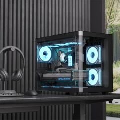 Aerocool AE P300C BK 3x12 cm Mirror A‑RGB Fanlı Panoramik Tempered Glass Ön ve Yan Panel Mini Tower mATX/Mini‑ITX Kasa
