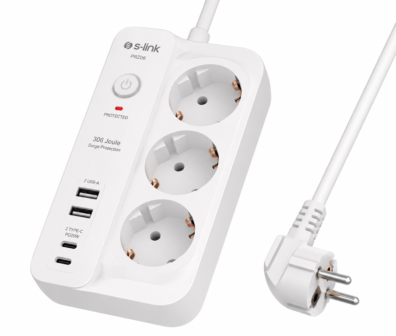 S-link PRZ06 3 Soketli 2 USB 2 TYPE-C PD20 2M 306 Joule Tam Bakır Kablolu Beyaz Akım Korumalı Priz