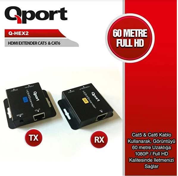 Qport Q-HEX2 HDMI Extender Cat6 Üzerinden 60m 1080p 2’li Set HDMI Uzatma Kiti