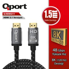 Qport Q-HDMI211 HDMI 2.1V 8K 60Hz / 4K 120Hz Ultra High Speed Altın Uçlu 1.5 Metre Kablo