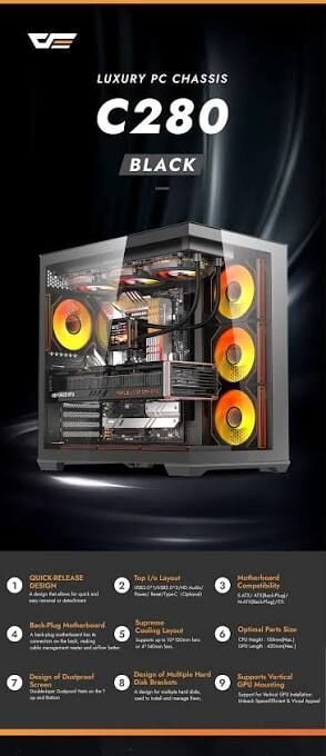 DarkFlash C280 Siyah 850W 80+ Bronze 7 Fanlı Gen 5 ARGB Mid Tower Kasa