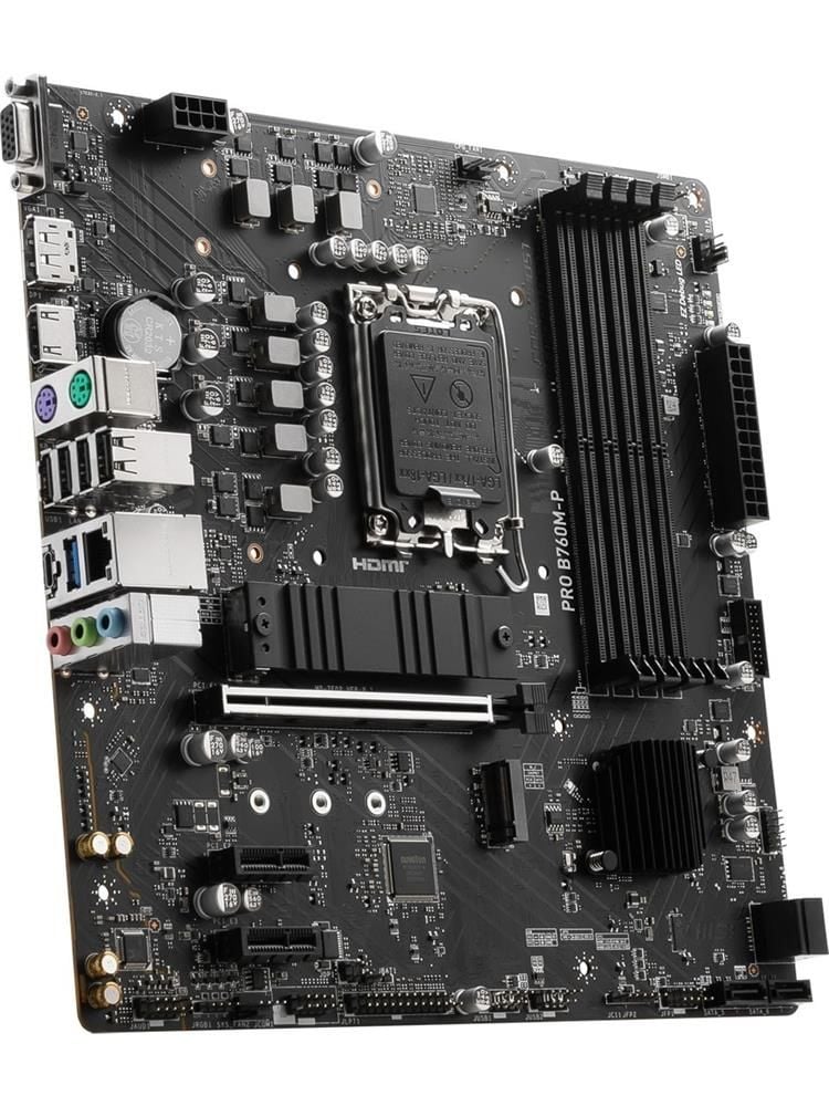 MSI PRO B760M‑P DDR5 LGA 1700 Intel B760 Soket 1700 DDR5‑6800 MHz OC 4x DIMM 256GB Maks PCIe 4.0 x16 2x PCIe 4.0 x1 2x M.2 USB 3.2 Gen 2 Type‑C HDMI DP VGA 1 G LAN mATX Anakart