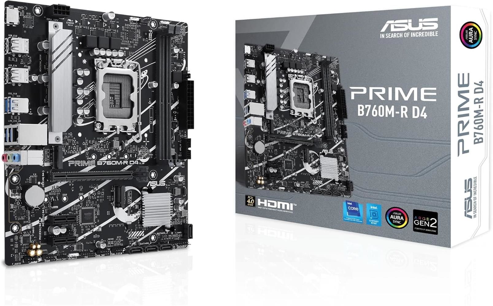 Asus Prime B760M‑R D4 Intel® B760 LGA 1700 12./13./14. Nesil Core DDR4 5333 (OC) 2×DIMM 64 GB PCIe 4.0 HDMI 2×M.2 Aura Sync RGB 2.5 Gb LAN mATX Anakart
