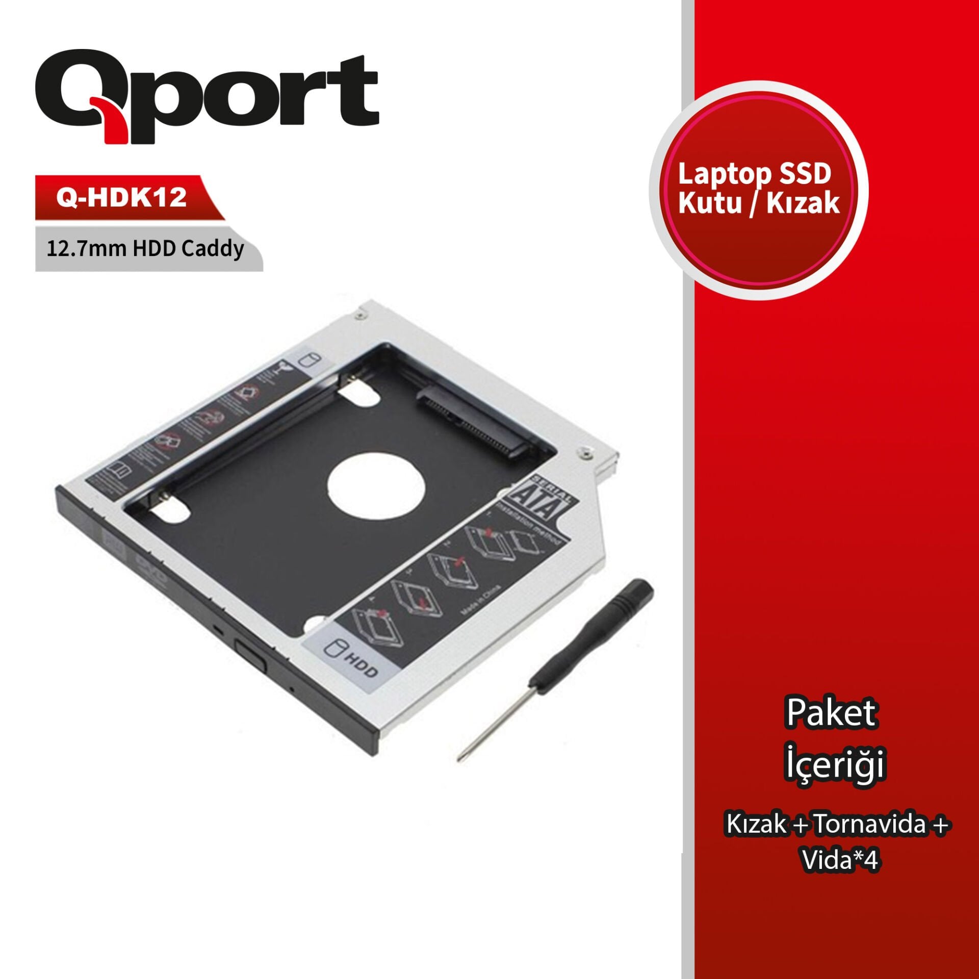 Qport Q-HDK12 2.5'' SATA HDD/SSD için 12.7mm Dizüstü Bilgisayar DVD-ROM Yuvası Kızak (Caddy)
