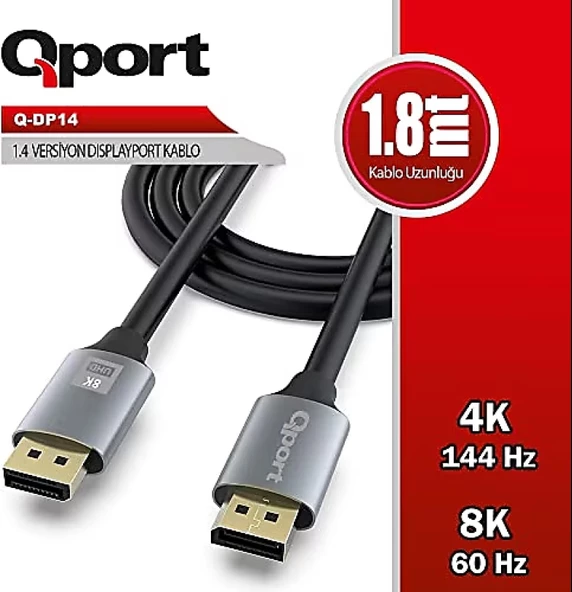 QPORT Q-DP14 1,8 Metre DisplayPort 1.4 Versiyon 8K 60Hz 4K 144Hz Destekli Altın Uçlu Yüksek Hızlı Görüntü ve Ses Aktarım Kablosu