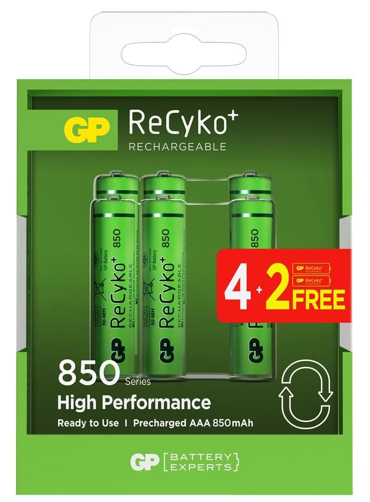 GP ReCyko 850 Serisi AAA 850 mAh NiMH Şarj Edilebilir İnce Kalem Pil - 6'lı Paket (4+2)